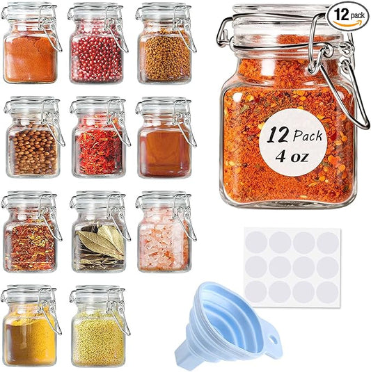 SPANLA Spice Jars, 12 Pack 4oz Small Glass Jars with Airtight Hinged Lid, With 12 Spice Labels & Silicone Funnels, Airtight Glass Jars for Spices, Art Craft Storage (12 Pack)