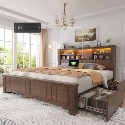 EnHomee Queen Bed Frame with Headboard, Bed Frame Queen Size with 4 Drawers Charging Port & LED, Farmhouse Queen Bed Built in Charging Station,No Box Spring Needed,NO Noise,Vintage Brown
