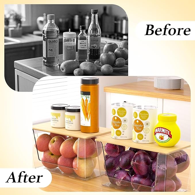 2 Set Pantry Organizers and Storage - Clear Stackable Bins with Bamboo Lid for Fruit, Onion, Potato, Vegetable - Trash Bag Holder Dispenser Under Sink Organizer for 4-13 Gal Bags