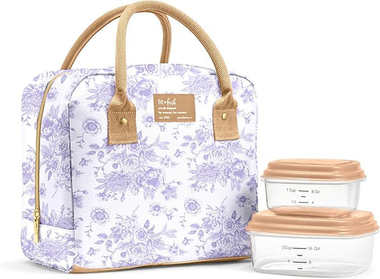 Fit & Fresh Bloomington Lunch Bag for Women - Insulated Large Lunch Box for Work with Containers, Leak-Resistant, Stain-Resistant, Zipper Closure, Lavender Toile