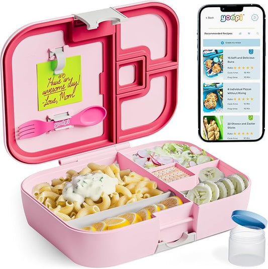 YOOPI Lunch Boxes for Kids–Toddler Bento Box with 4 Leakproof Compartment Food Bentobox Container,Lunch Box for School with Lunchbox Containers, Lightweight Sandwich Box & Snack Box (Light Pink)
