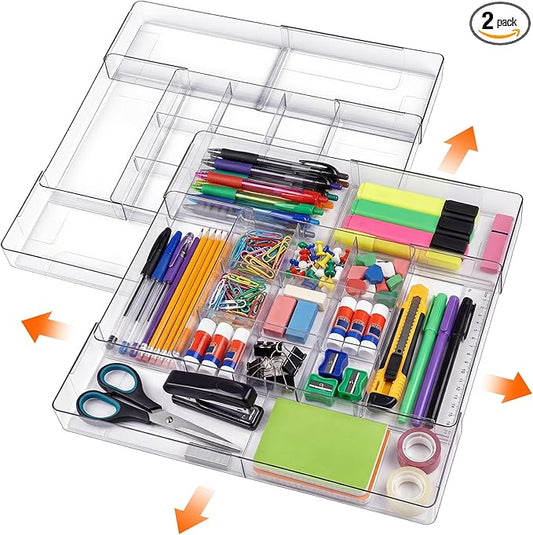 Briwooody 2 Pcs Large Expandable Acrylic Drawer Organizers, Grid Adjustable Drawer, Dividers Organizer for Desk, Makeup, Jewelry, Office, Kitchen Supplies (Clear,15 Compartments)
