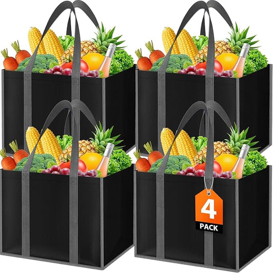 SpaceWhisper Reusable Grocery Bags with Long Handles [4 Pack] - Multipurpose Large Shopping Bags for Groceries, Foldable Grocery Totes Resist Water & Stains for Kitchen, Car Trunk, Picnic (Black)