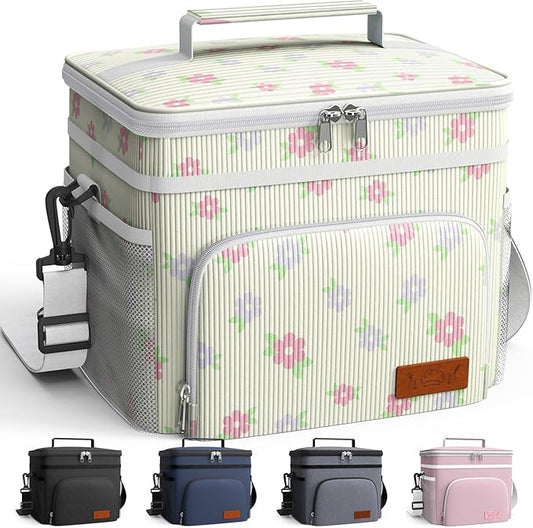 HOTOR Insulated Lunch Box for Men & Women - Leak-Proof Cooler Lunch Bag with 4 Pockets, Adjustable Strap, Ideal for Work, Picnic, Travel - Medium, Beige Flower, 10.2"×6.9"×8.5"