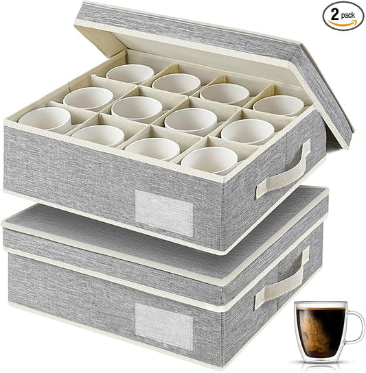 2 Pack Mug Storage Box with Dividers,Grey Cup Organizer for Tea Cup,Coffee Mug,Glass Cups,Coffee Cup Storage with Handles,Stackable Storage Case with Hard Shell Dividers,Each Holds 12 Cups