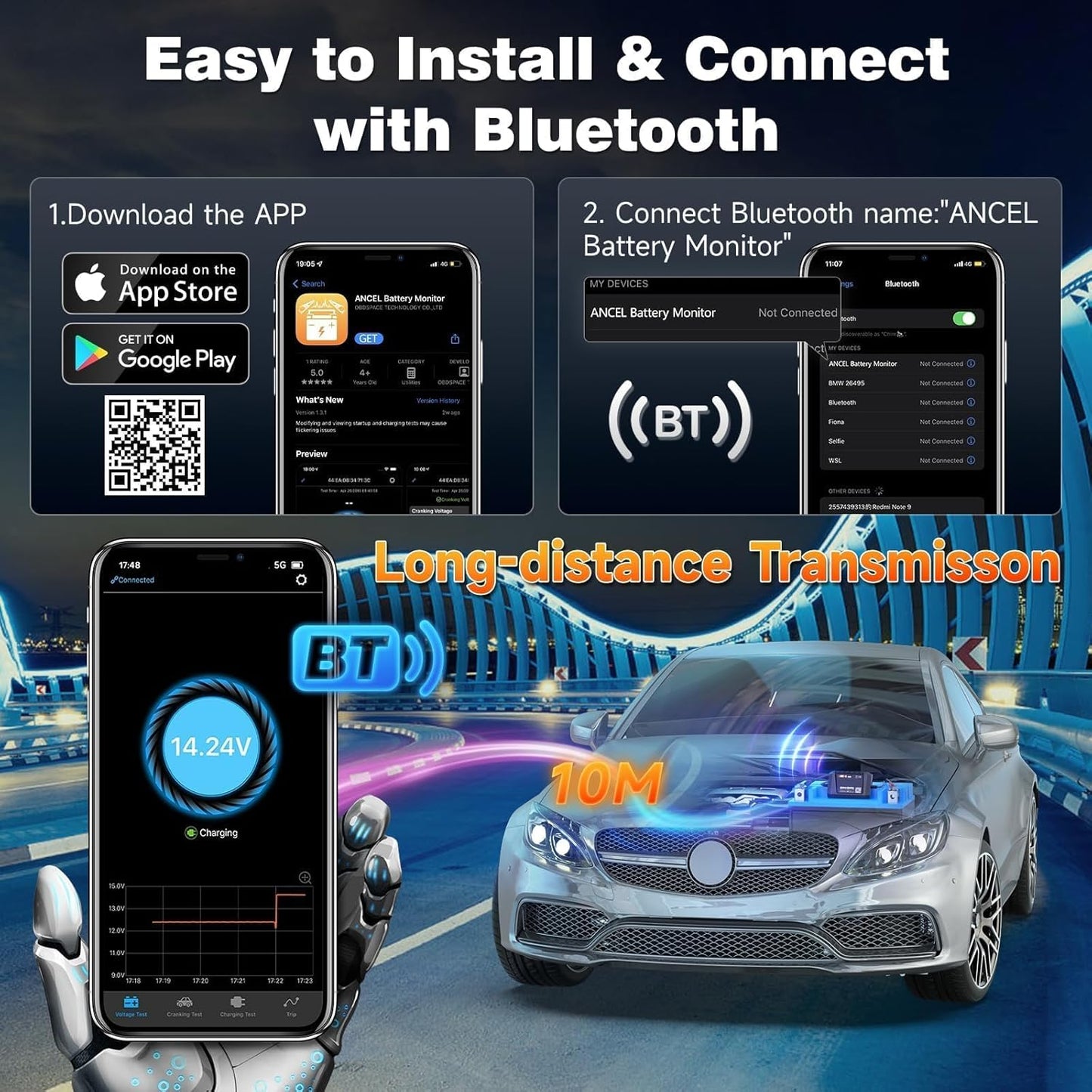 ANCEL BM300 12V Battery Monitor, Bluetooth 4.0 Automotive Voltmeter with Charging, Cranking System Test & Alarm - Compatible for Solar Power Systems, RVs, Motorcycles, Boats, Cars, and Trucks