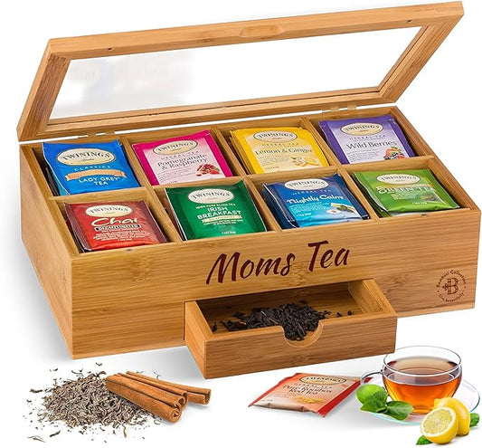 Personalized Tea Box with Custom Engraving - Bamboo Tea Bag Organizer with 8 Compartments, Acrylic Lid - Unique Mother’s Day Gifts for Mom, Grandma, Wife - Gift Idea for Tea Lovers (Tea Not Included)