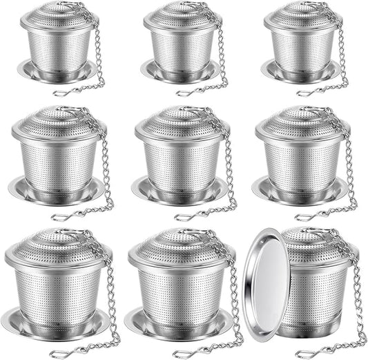 Zopeal 9 Pcs Tea Infuser Stainless Steel Strainer with Extended Chain Hook and Saucer Loose Leaf Steeper Fine Mesh Ball Tea Filter for Brew Spices Seasonings Fits Cup Mug Bottle (3 Sizes)