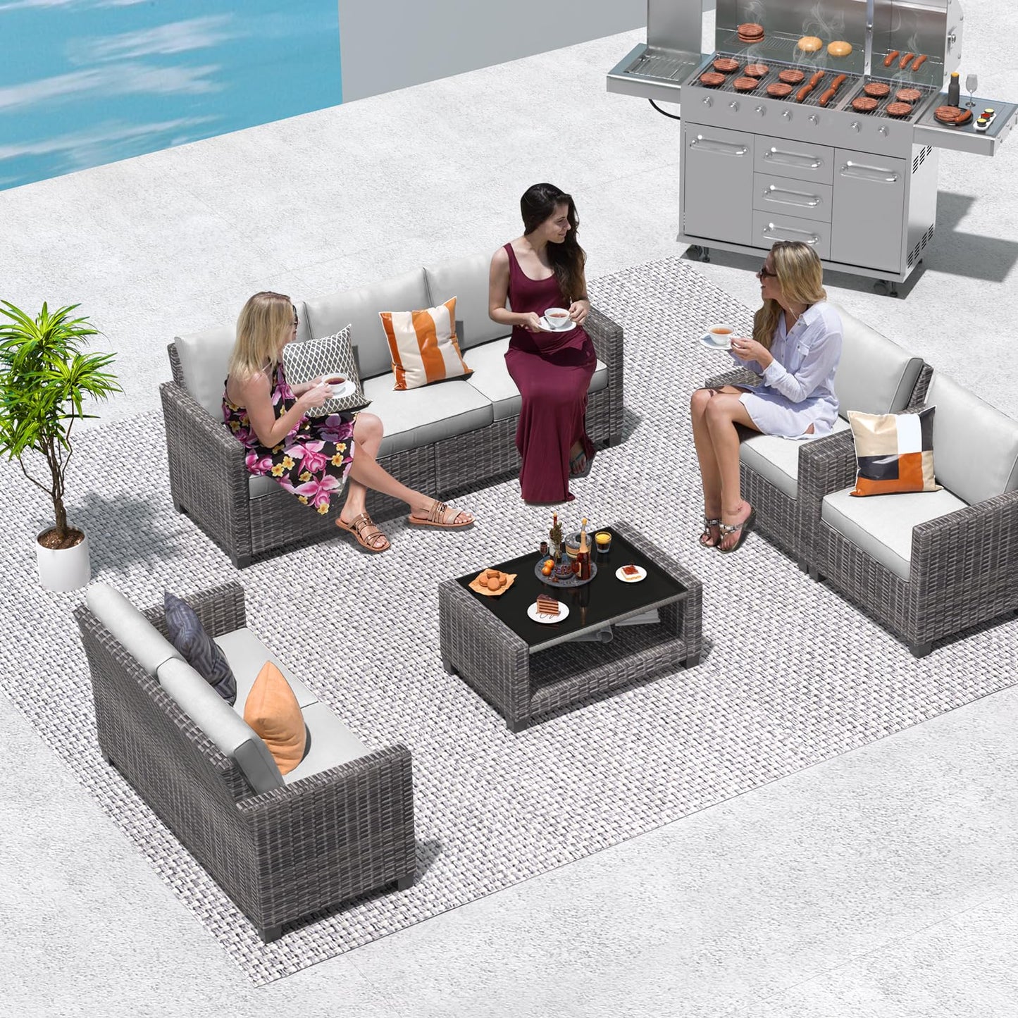 GAOMON 5 Piece Outdoor Patio Furniture Sets, Wicker Conversation Set for Porch Deck, Gray Rattan Sofa Chair with Blue Cushion, Brown