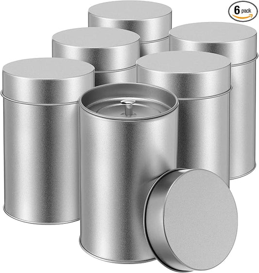 Zopeal 6 Pack Tea Tin Canister with Airtight Double Lids 12 oz Can Box Canister for Loose Leaf Tea Storage Bag Container Portable Small Kitchen for Coffee Sugar Pantry Camping, Silver