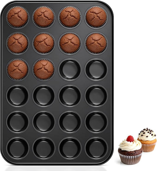 P&P CHEF 24-Cup Mini Muffin Pan Tin, Nonstick Carbon Steel Cupcake Pans, Versatile Bakeware Ideal for Mini Muffin Cupcake Egg Tart Pudding, Oven Safe & Even Bake, Healthy & Easy Clean, Black, 1Pc