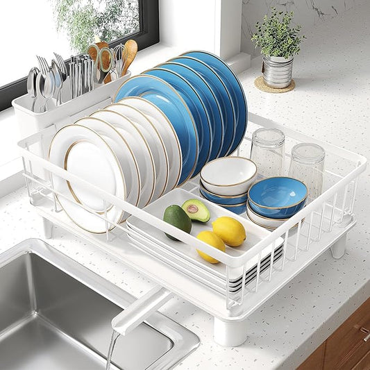 SNTD Dish Drying Rack - Small Dish Rack for Kitchen Counter, Stainless Steel Dish Drainer with Utensil Holder and Drainboard, 12.9" W x 16.9" L (White)