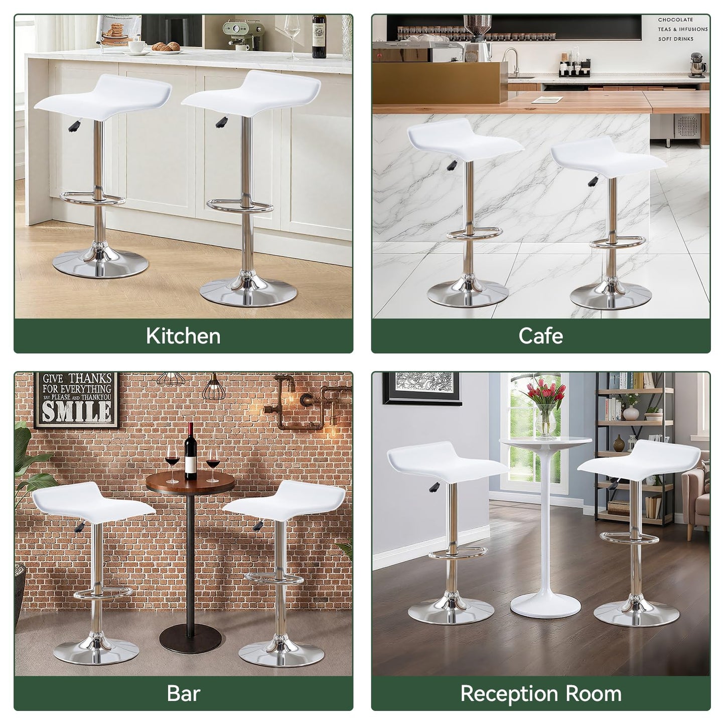 Adjustable Swivel Bar Stools Set of 2, Modern PU Leather Backless Counter Height Stools with Footrest & Gas Lift | Heavy Duty for Kitchen Island, Home Bar, Dining Room (White, Chrome Base)