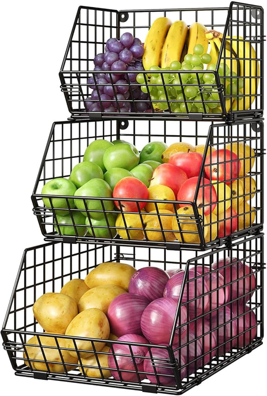 X-cosrack Stackable Wire Baskets for Counter, Fruit and Vegetable Storage, Potato and Onion Storage Bin，Kitchen Pantry Organizer - Wall Basket for Produce/Snack/Can, 3-tier Large, Black