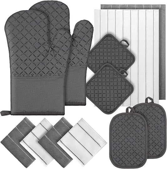 Oven Mitts Kitchen Towels Dishcloths with Pot Holders Sets 12pcs Dish Towels Sets Oven Gloves Pot Pads Heat Resistant 500 Degrees with Non-Slip Silicone Surface for Cooking Baking Grilling
