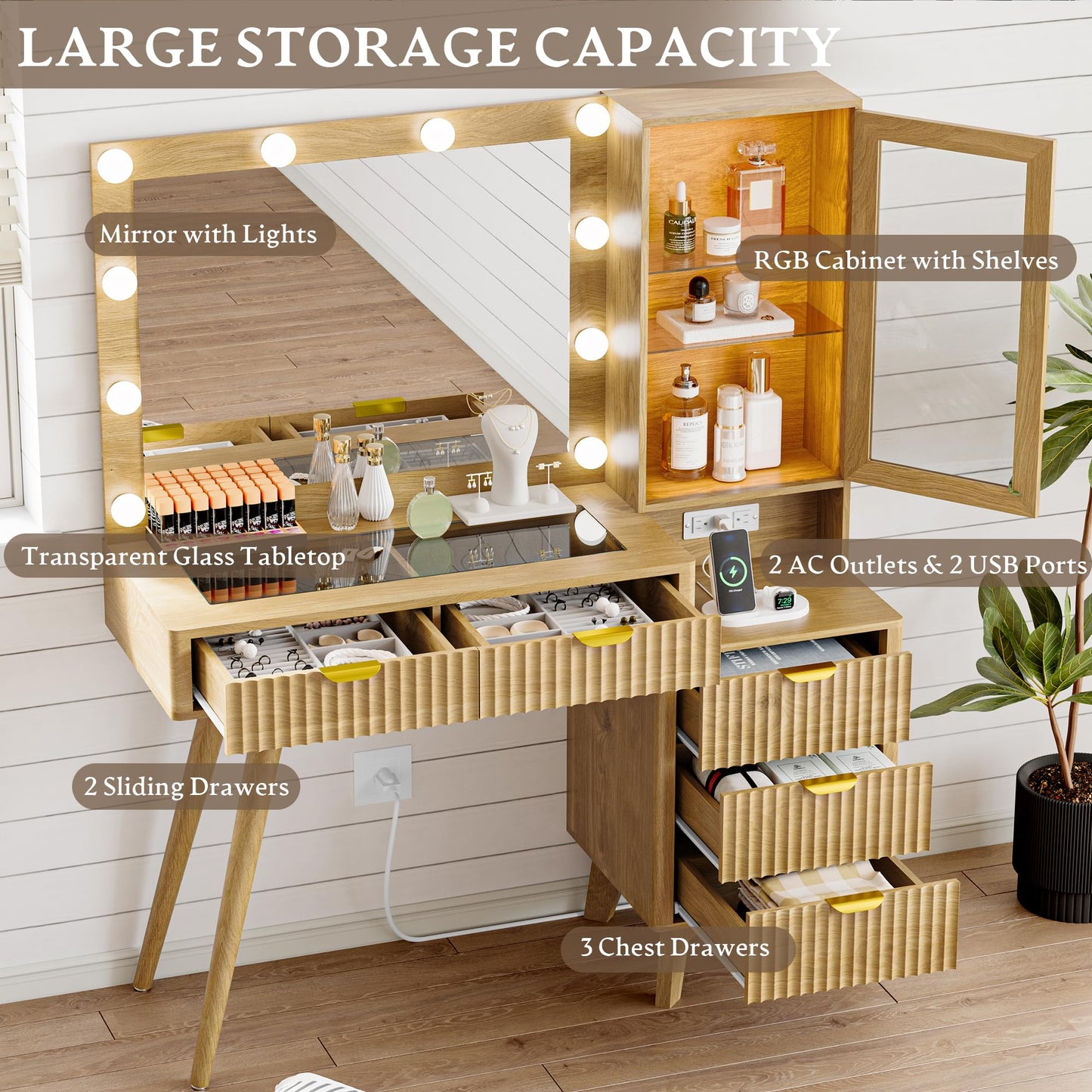 Fluted Vanity Desk with Mirror and Lights, 45" Glass Top Makeup Table Set with 5 Drawers, Power Outlet & Storage Cabinet, Large Dressing Table with RGB Ambient Light for Bedroom Women Girls, Oak