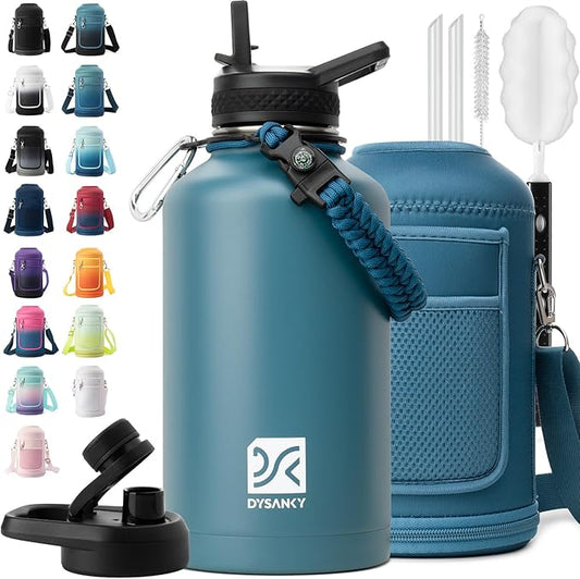 DYSANKY Insulated Water Bottle | Thickened Stainless Steel Vacuum Metal | Portable Sports Half Gallon Large Water Jug for Gym and Hiking with Straw, Carrier Bag, Handle Strap | BPA-Free 64 oz