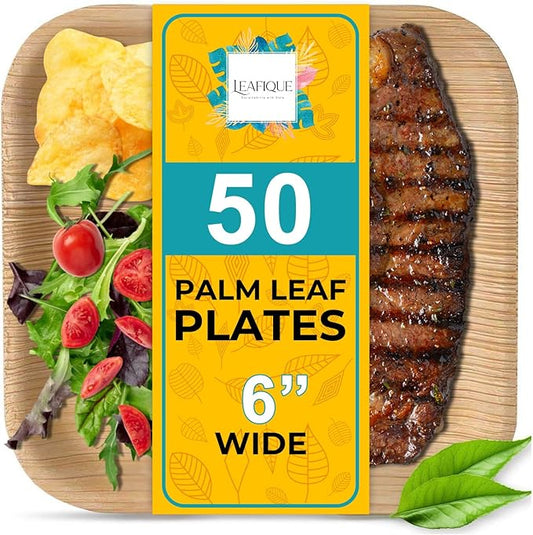 100% Natural 6” Palm Leaf Square Plate (50-pack), Compostable & Biodegradable Dinnerware for Catering, Birthdays, Halloween, BBQs, Thanksgiving, Alternative to Paper & Bamboo Plates Disposable