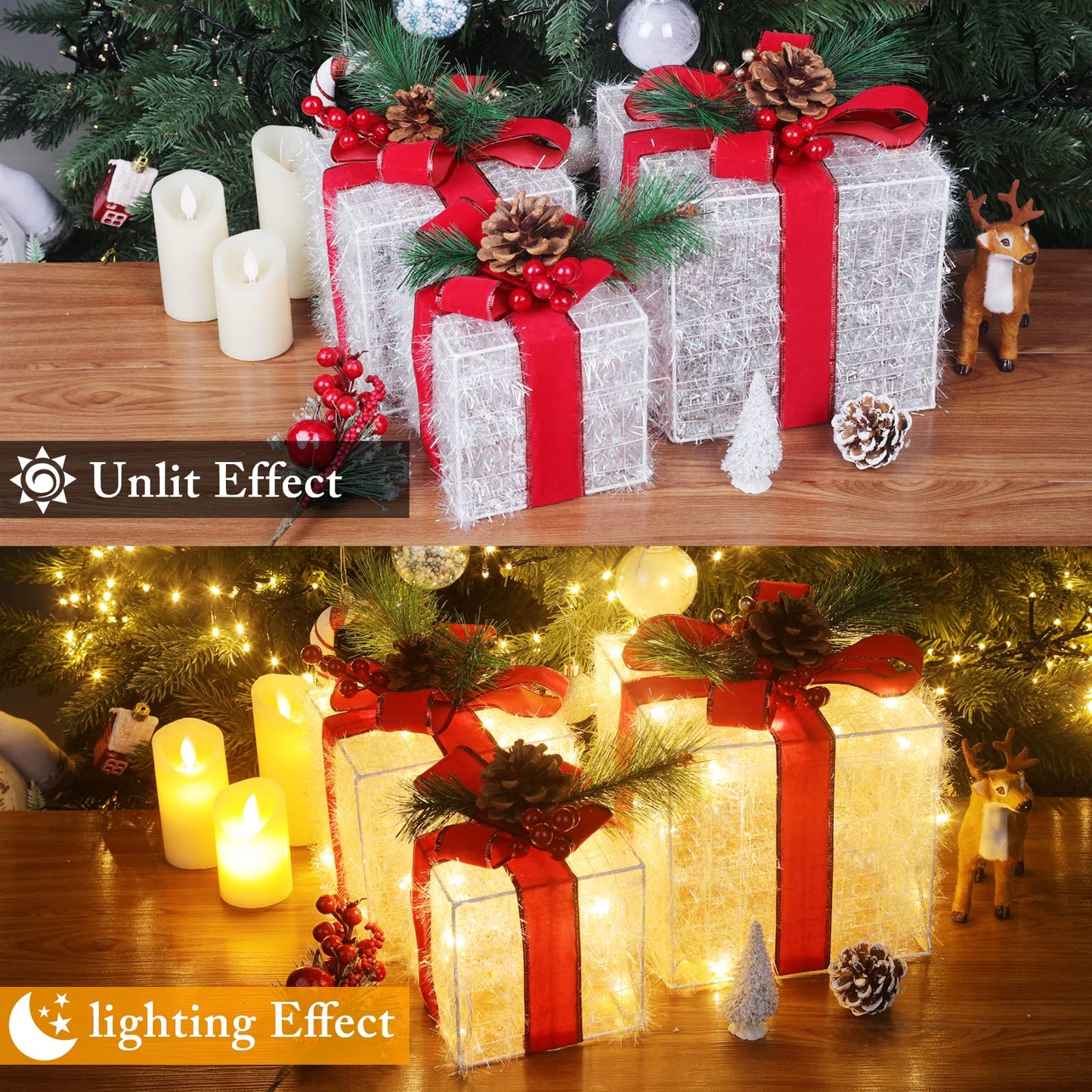 Elegear Christmas Lighted Gift Boxes, Christmas Decorations Indoor 8 Modes & Timer Function Set of 3 Plug-in Light Up Present Boxes with 60 LEDs Christmas Decor with Pine Cones for Holiday Party Xmas