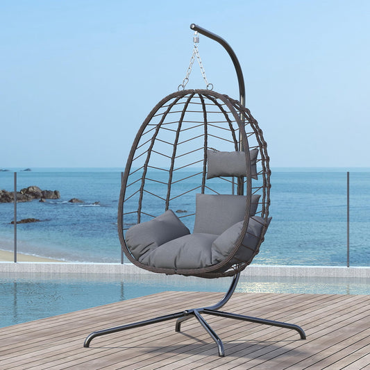 LEX CRAFT Hanging Egg Chair with Stand, Swinging Egg Chair Outdoor Indoor, Hanging Basket Chair with Cushion, Patio Wicker Hammock Chair 350lbs Capacity for Bedroom, Balcony, Backyard, Garden (Grey)