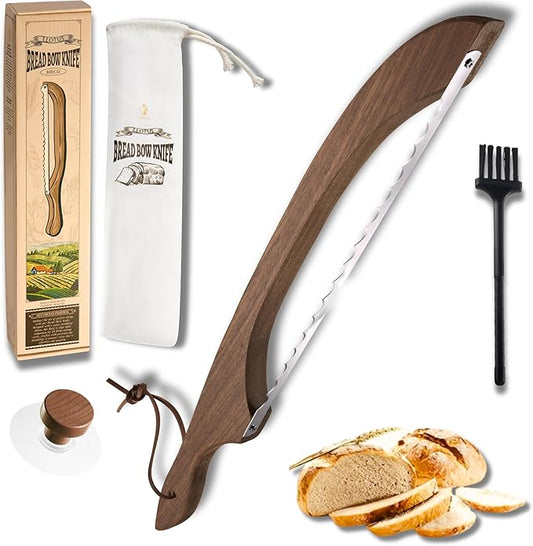 Bread Knife Package Slicer for Sourdough Bread, 16.5" Premium Wooden Bow Design, Premium Stainless Steel Serrated Saw, Cutter for cutting Loaf, Sandwich, Bagels, Homemade Bread & more - Black Walnut