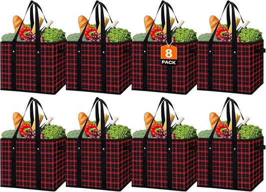 WISELIFE Reusable Grocery Bags 8 Pack,Large Grocery Tote Bag Water Resistant Shopping Bags Foldable Grocery Bag for Clothes,Shoes and Picnic,Red