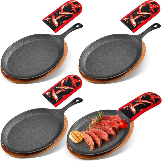 Lallisa 4 Sets Cast Iron Fajita Plate Set Fajita Plate Pan with Wooden Tray Anti Scald Protection Hot Mitt Cast Iron Skillet Set for Home Barbecue Kitchen Party Restaurant Catering Service