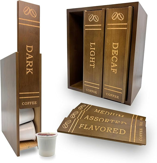 The Coffee Pod Library | Elegant Countertop Organizer & Display for Coffee Lovers | Compatible with K-Cups | Set of 3 Book-Inspired Bamboo Boxes with Stand | 6 Sliding Lids with Labels