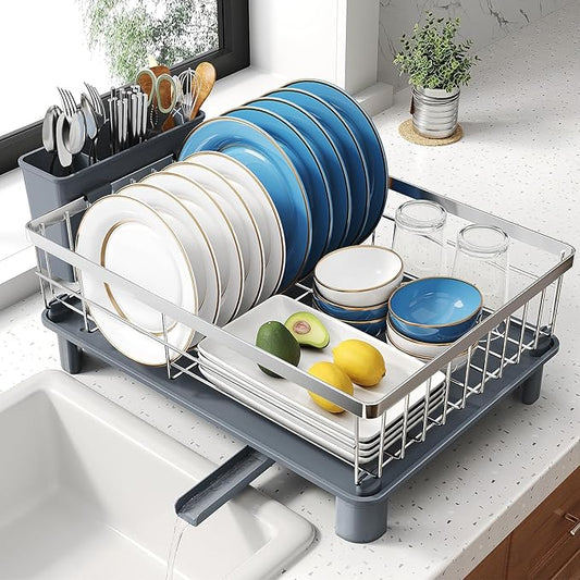 SNTD Dish Drying Rack - Small Dish Rack for Kitchen Counter, Stainless Steel Dish Drainer with Utensil Holder and Drainboard, 12.9" W x 16.9" L (Silver)