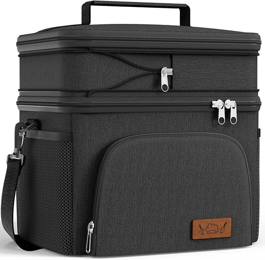 HOTOR Insulated Lunch Box for Men & Women - Leak-Proof Cooler Lunch Bag with 4 Pockets, Adjustable Strap, Ideal for Work, Picnic, Travel - Black, 2 Layers, Large, 11.81"×7.87"×13.39"
