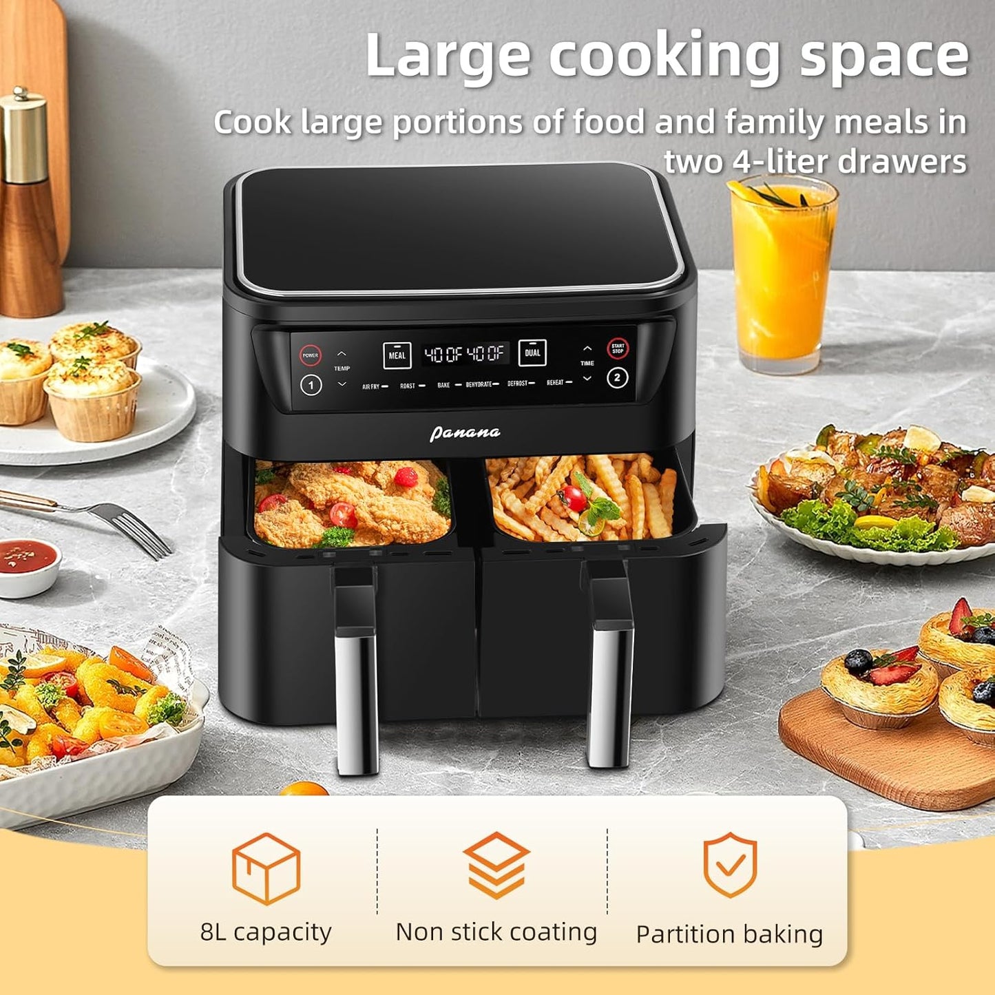 Air Fryer XL 8.5QT, Dual Zone 6 in 1 Air Fryer for Roast, Bake, Dehydrator, Defrost, Reheat for Quick Meals, Airfryers for Family Use
