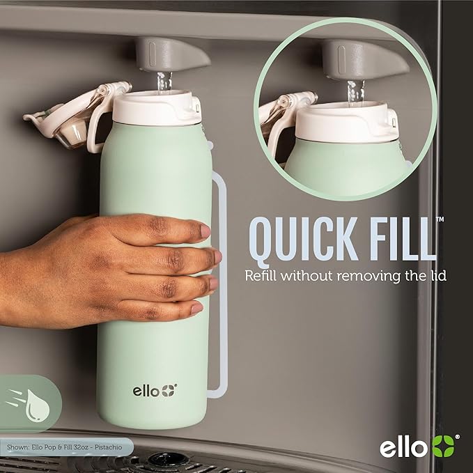 Ello Pop & Fill 32oz Stainless Steel Water Bottle with QuickFill Technology, Double Walled and Vacuum Insulated Metal, Leak Proof Locking Lid, Straw and Chug, Reusable, BPA Free, Strawberries
