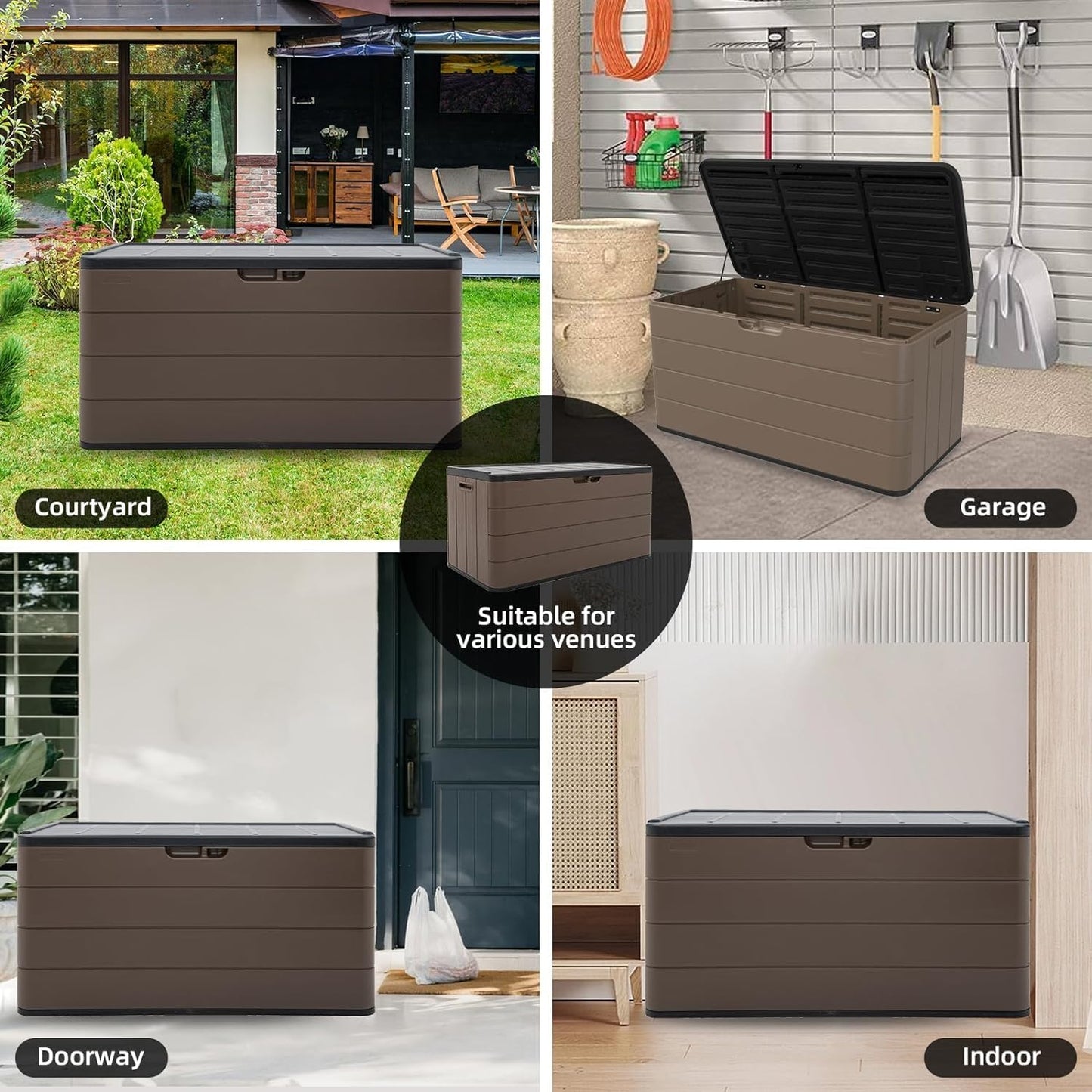 Heavy-Duty 100 Gallon Outdoor Storage Bench - Waterproof Patio Deck Box for Outside Use, Lockable Resin Storage with UV Protection, Granite Grey