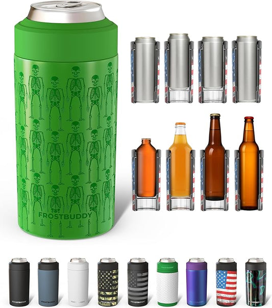 Frost Buddy Universal Can Cooler - Fits all - Stainless Steel Can Cooler for 12 oz & 16 oz Regular or Slim Cans & Bottles - Stainless Steel (Shake My Bones)
