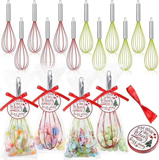 12 Sets 12 Inch Christmas Whisks Gifts DIY Fillable Christmas Tree Ornaments Xmas Colored Silicone Whisks for Cooking Heat Resistant Egg Beaters with Card Rope Bag for Candy Holder