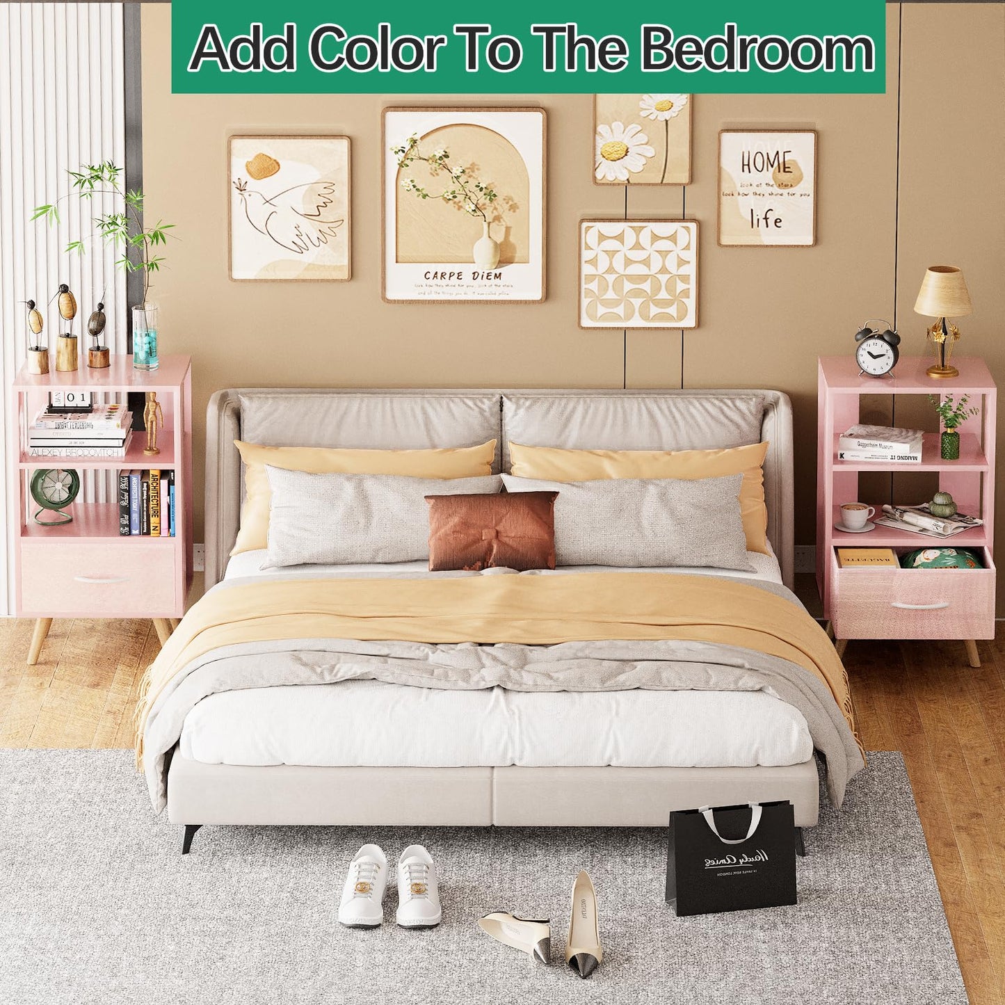 Aenuert Night Stand, Pink Kids Nightstand with Drawer, Nursery Side Table with Open Storage, 3-Tier Modern End Table, Bedside Table for Small Space, Living Room, Bedroom