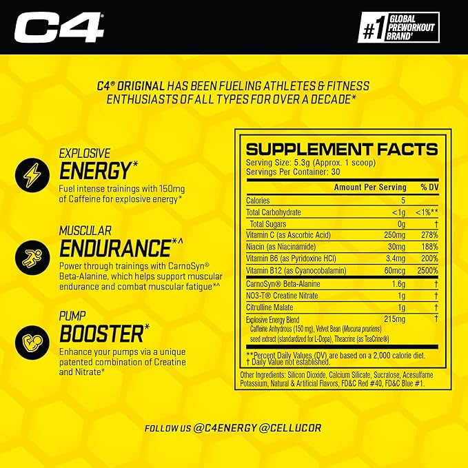 Cellucor C4 Original Pre Workout Powder Grape Sugar Free Preworkout Energy for Men & Women 150mg Caffeine + Beta Alanine + Creatine - 30 Servings (Packaging May Vary)
