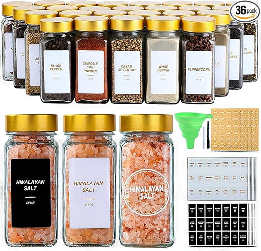 Glass Spice Jars with Label, 36 Pcs Spice Jars with Shaker Lids-4 oz Gold Spice Seasoning Jars Bottles Containers Set for Spice Rack (36)