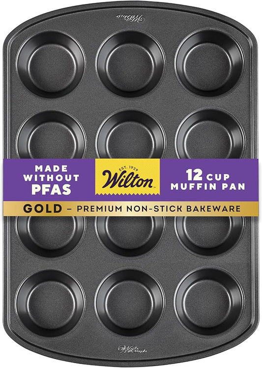 Wilton Gold Non-Stick Bakeware Muffin Pan - Baking Pan for Muffins & Cupcakes - Made Without PFAS, Dent Resistant & Dishwasher Friendly - Offers Even Heat Distribution - 10.5 x 15 x 2 Inches, 12 Cup