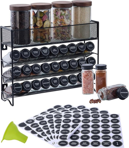 Spice Rack Organizer with 27 Spice Jars with Black Lids, Funnel, Spice Labels, Pen, Seasoning Organizer for Cabinet, Countertop, Pantry, Kitchen,Cupboard or Door & Wall Mount