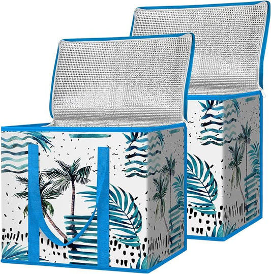 BALEINE 2Pk Insulated Reusable Grocery Bags, Collapsible Cooler Bag for Groceries, Heavy Duty Large Insulated Bag (16''x9''x13'', Island Breeze)