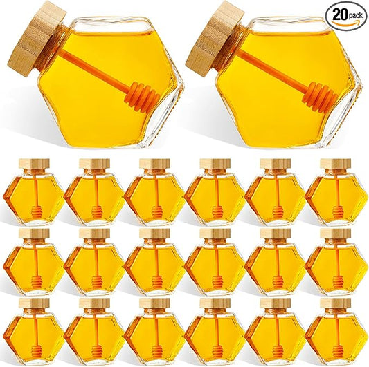Sunnyray 20 Pcs Glass Honey Jars with Dipper Hexagonal Clear Glass Dispenser Small Honey Containers Bottle with Wooden Dipper and Cork Lid for Home Storage Kitchen (220 ml)