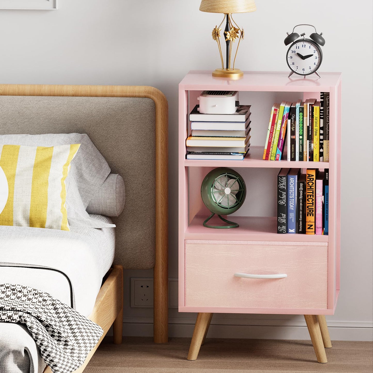 Aenuert Night Stand, Pink Kids Nightstand with Drawer, Nursery Side Table with Open Storage, 3-Tier Modern End Table, Bedside Table for Small Space, Living Room, Bedroom
