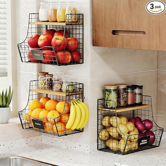 3 Pack wire Fruit Basket for Kitchen with Wood Lid - Counter&Wall Mounted Onion and Potato Storage with Nameplate, Hanging Baskets for Vegetable,11.81 * 10.63 * 8.66 Inch