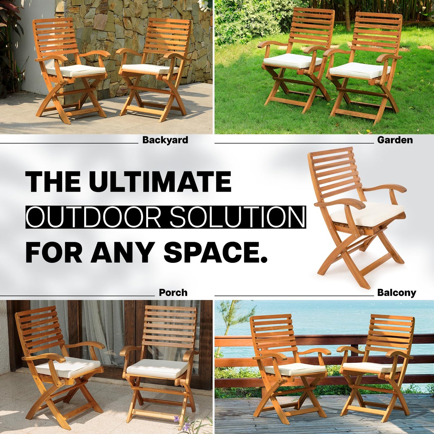 IDZO Patio Chairs Set of 2, Upgraded Wood Folding Armchairs with Comfortable Cushions, FSC-Certified Acacia, 450lbs Capacity, Fully Assembled, Foldable, Space-Saving Design, Ideal for Outdoor Use