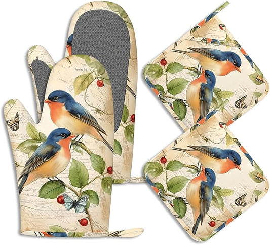 Vintage Bird Floral Potholders & Oven Mitts Sets Vermilion Bird Silicone Heat Resistant Oven Mits and Hot Pads Non-Slip Pot Holders Gloves for Kitchen Chef Cooking Baking Grilling BBQ