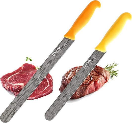 2PCS Brisket Knife, OHOLA 12 inch & 10 inch Carving Meat knife, Premium Stainless Steel Slicing Knife with Plastic Handle, Great for Smoked Brisket, BBQ Meat, Turkey (Orange+Yellow)