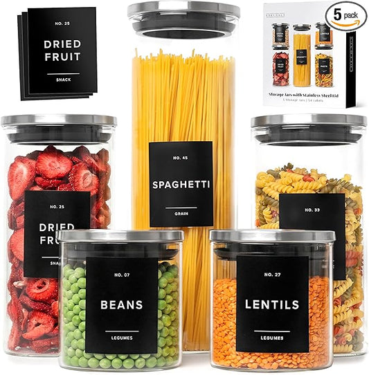 EDELHAUS Glass Storage Containers with Stainless Steel Lids [Extra Thick Glas] with 54 Labels - Canister For Pantry Noodles Flour Cereal Rice Sugar Tea Coffee Beans - Round Set of 5x