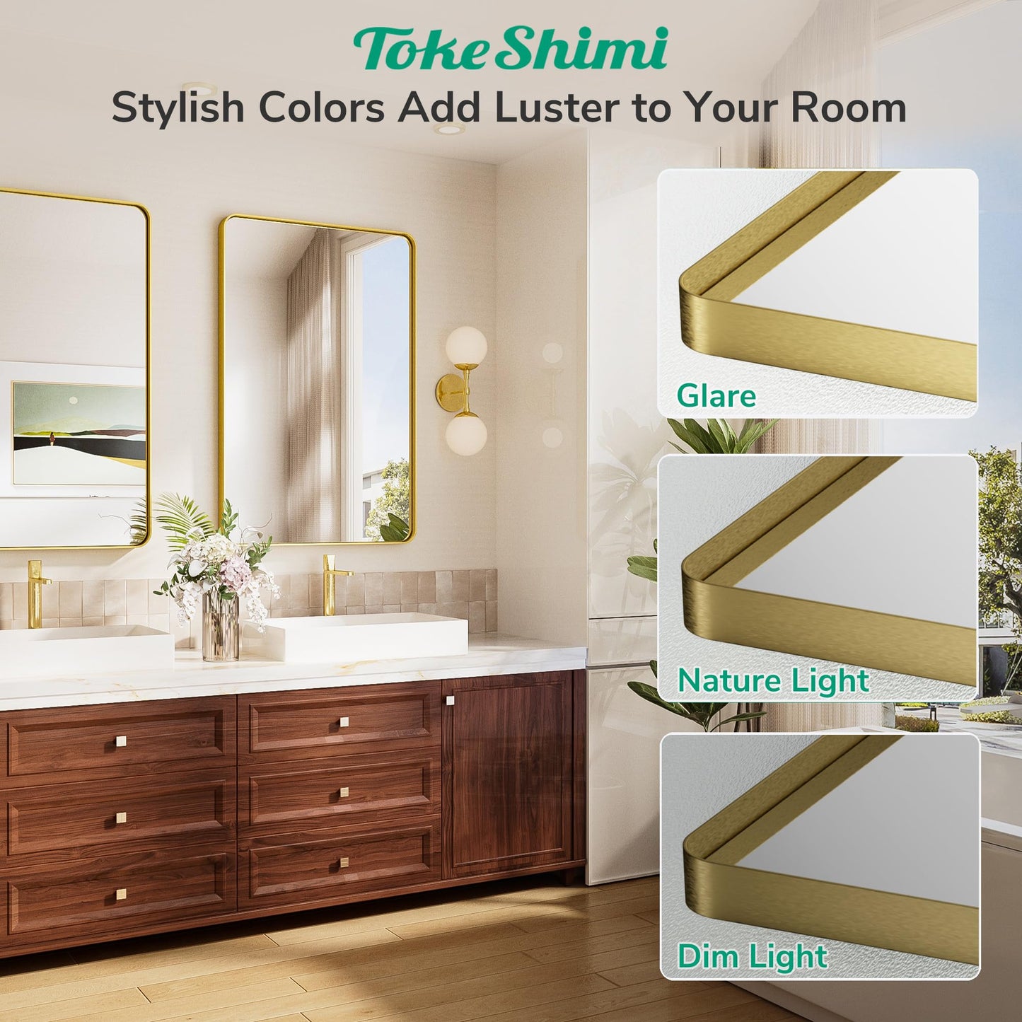 TokeShimi 42x36 Brushed Gold Bathroom Mirror for Over Sink,Bathroom Vanity Mirror with Tempered Glass, Modern Framed Wall Mirrors(Horizontal/Vertical)