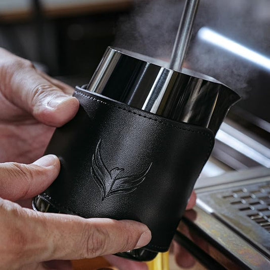 Espresso Pitcher For Latte Art Premium Handleless Design Stainless Steel Pitcher with Leather Sleeve 14oz Milk Frother Jug Gift For Espresso Lovers (Black)